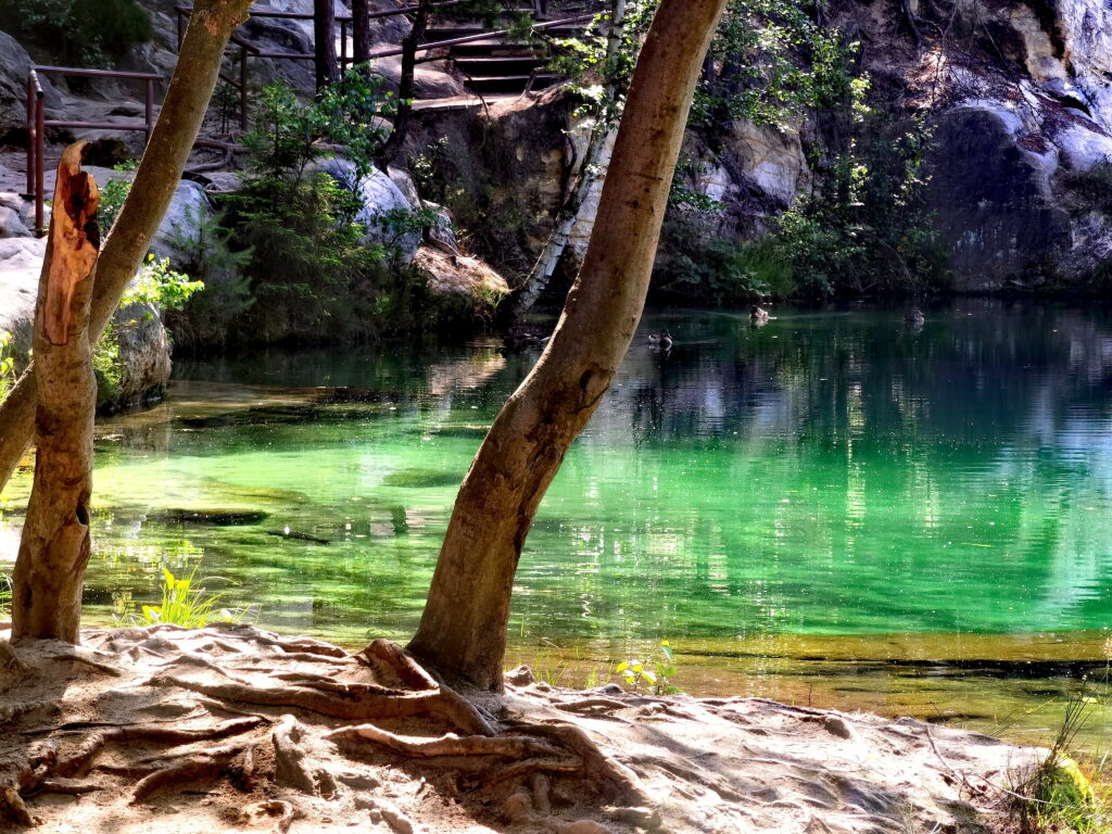 Der Adersbacher Felsenstadt See färbt sich türkis, wenn die Sonne hinein scheint